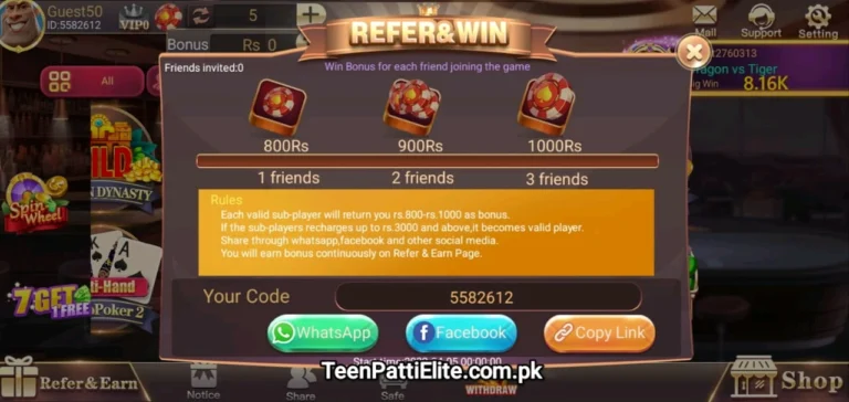 Referral Bonus in 3 Patti Elite Game